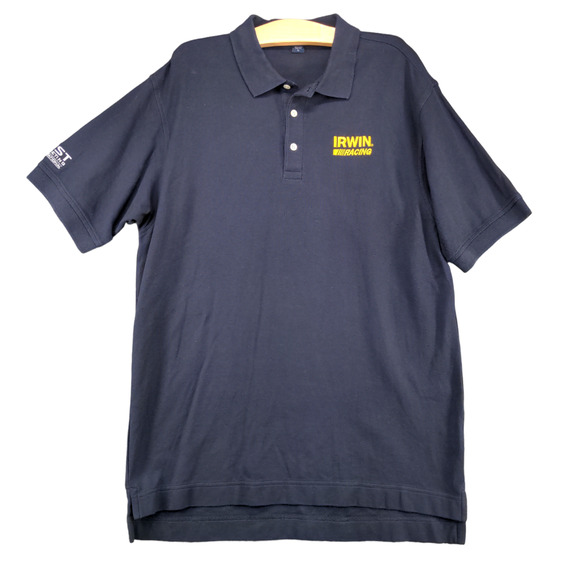 Devon & Jones Men's Irwin Racing Polo Shirt Blue Large Short Sleeve Logo Cotton - Picture 1 of 12